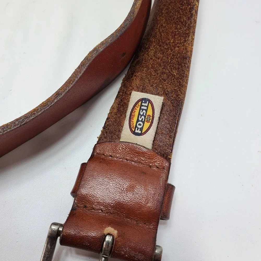 Vintage Fossil Brown Leather Belt Silver Buckle Men's Size 40/100 Jeans Cowboy